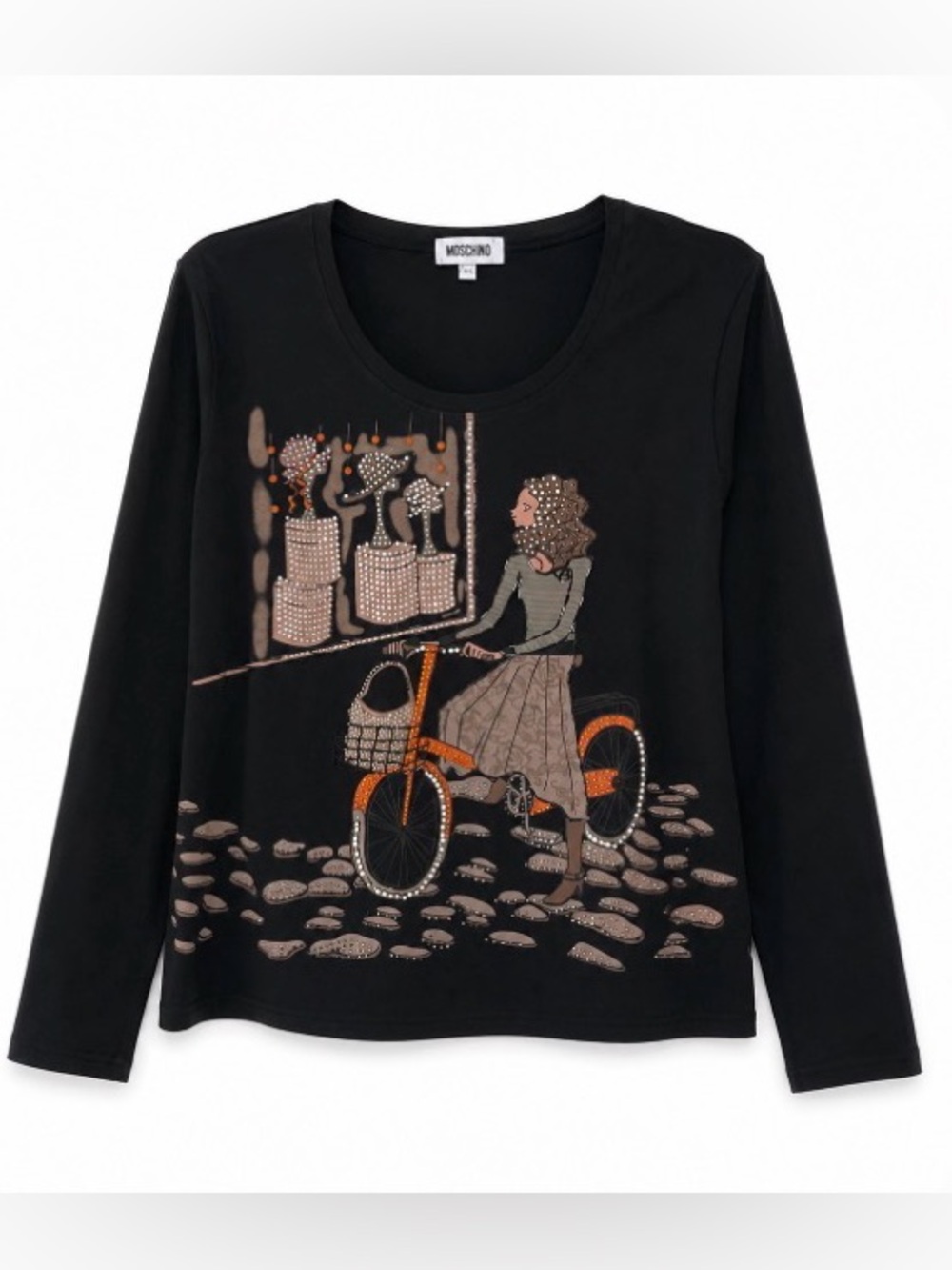 Moschino Black Long-Sleeve Sweater with Embellished Bicycle Girl Motif